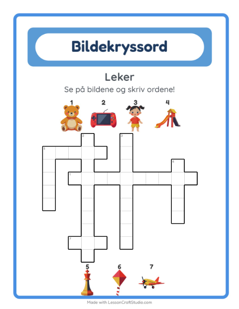 Forhåndsvisning av Kryssord-arbeidsark med Leker for 2. trinn