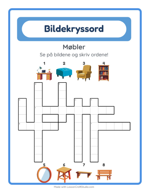Forhåndsvisning av Kryssord-arbeidsark med Møbler for 2. trinn