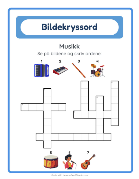 Forhåndsvisning av Kryssord-arbeidsark med Musikk for 2. trinn