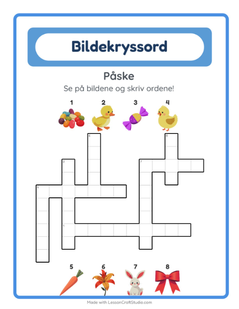 Forhåndsvisning av Kryssord-arbeidsark med Påske for 2. trinn