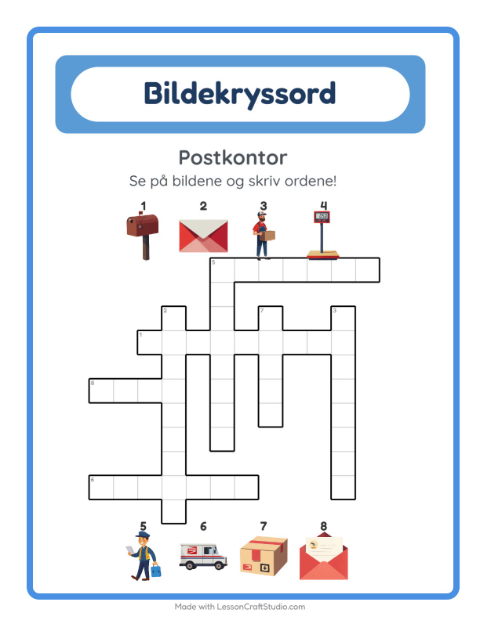 Forhåndsvisning av Kryssord-arbeidsark med Postkontor for 2. trinn