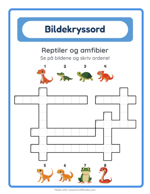 Forhåndsvisning av Kryssord-arbeidsark med Reptiler og amfibier for 2. trinn