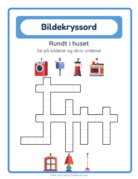 Forhåndsvisning av Kryssord-arbeidsark med Rundt i huset for 2. trinn