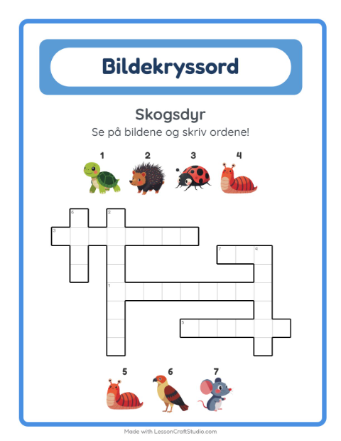 Forhåndsvisning av Kryssord-arbeidsark med Skogsdyr for 2. trinn