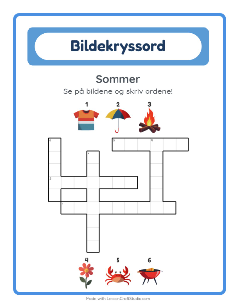 Forhåndsvisning av Kryssord-arbeidsark med Sommer for 2. trinn