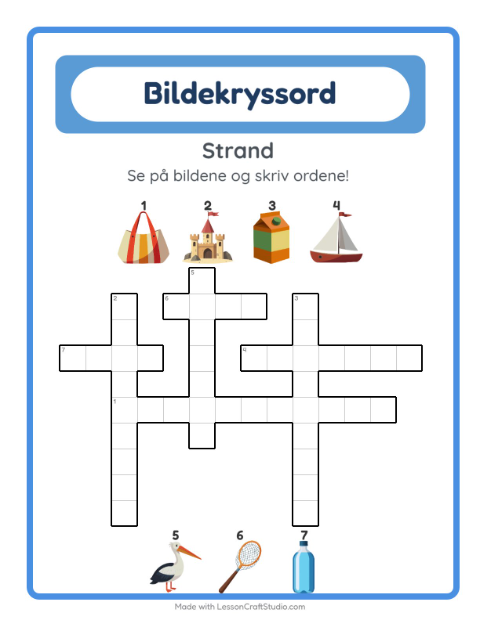 Forhåndsvisning av Kryssord-arbeidsark med Strand for 2. trinn