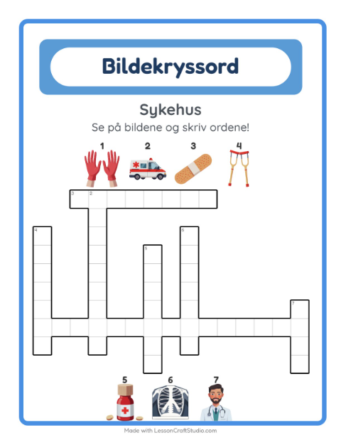 Forhåndsvisning av Kryssord-arbeidsark med Sykehus for 2. trinn