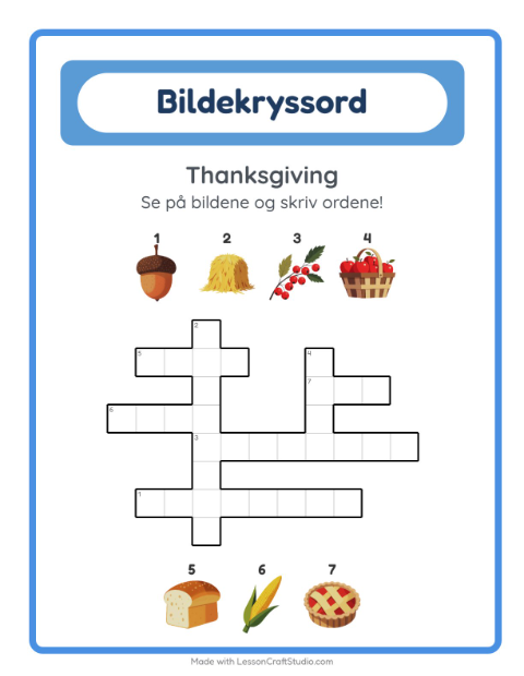 Forhåndsvisning av Kryssord-arbeidsark med Thanksgiving for 2. trinn