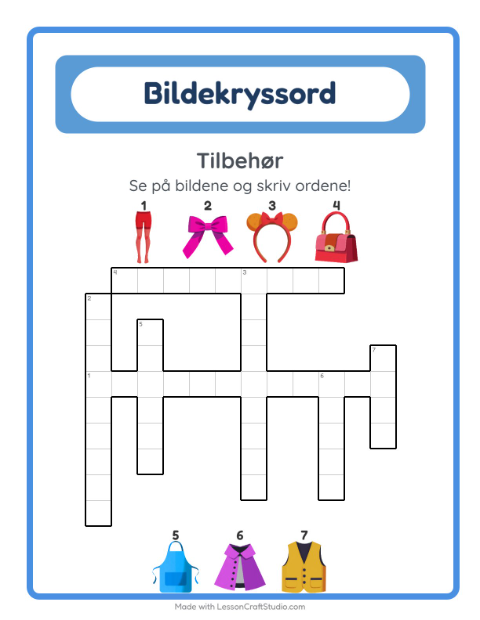 Forhåndsvisning av Kryssord-arbeidsark med Tilbehør for 2. trinn