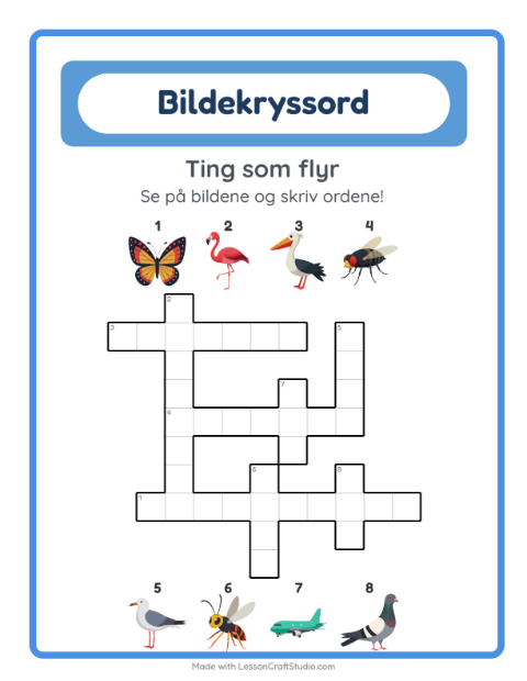 Forhåndsvisning av Kryssord-arbeidsark med Ting som flyr for 2. trinn
