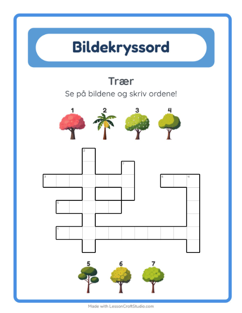 Forhåndsvisning av Kryssord-arbeidsark med Trær for 2. trinn