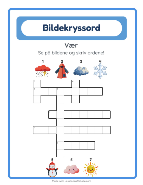 Forhåndsvisning av Kryssord-arbeidsark med Vær for 2. trinn