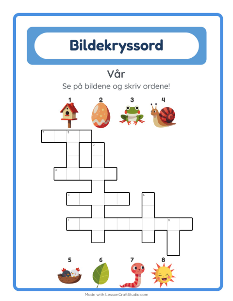 Forhåndsvisning av Kryssord-arbeidsark med Vår for 2. trinn