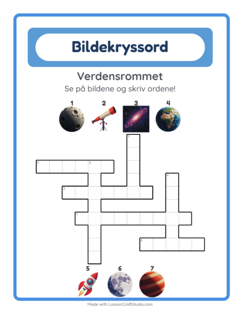 Forhåndsvisning av Kryssord-arbeidsark med Verdensrommet for 2. trinn