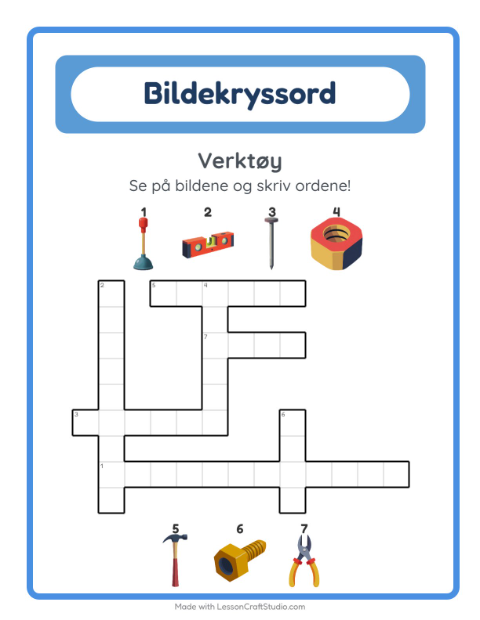 Forhåndsvisning av Kryssord-arbeidsark med Verktøy for 2. trinn
