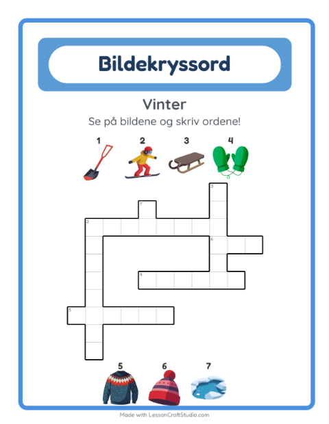Forhåndsvisning av Kryssord-arbeidsark med Vinter for 2. trinn