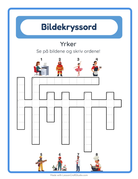 Forhåndsvisning av Kryssord-arbeidsark med Yrker for 2. trinn