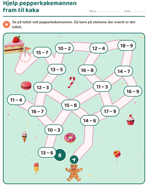 Forhåndsvisning av Mattelabyrint: minus til 20 med pepperkakemannen