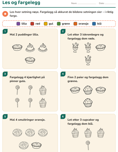 Forhåndsvisning av Les og fargelegg-arbeidsark med Dessert (S/H) for 1. trinn