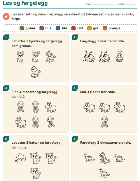 Forhåndsvisning av Les og fargelegg-arbeidsark med Dyr SH 3 for 1. trinn