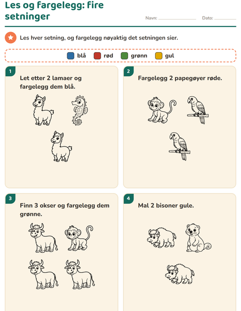 Les og fargelegg fire setninger: fire farger og ett villedende dyr per rekke