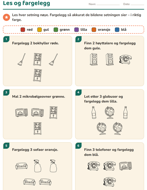 Forhåndsvisning av Les og fargelegg-arbeidsark med Husholdning SH for 1. trinn