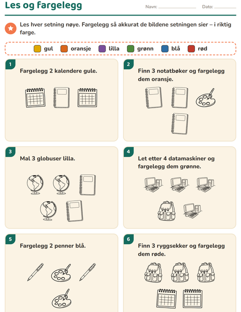 Forhåndsvisning av Les og fargelegg-arbeidsark med Klasserom 2 (S/H) for 1. trinn