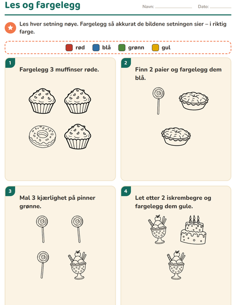 Forhåndsvisning av Les og fargelegg-arbeidsark med Dessert (S/H) for 1. trinn