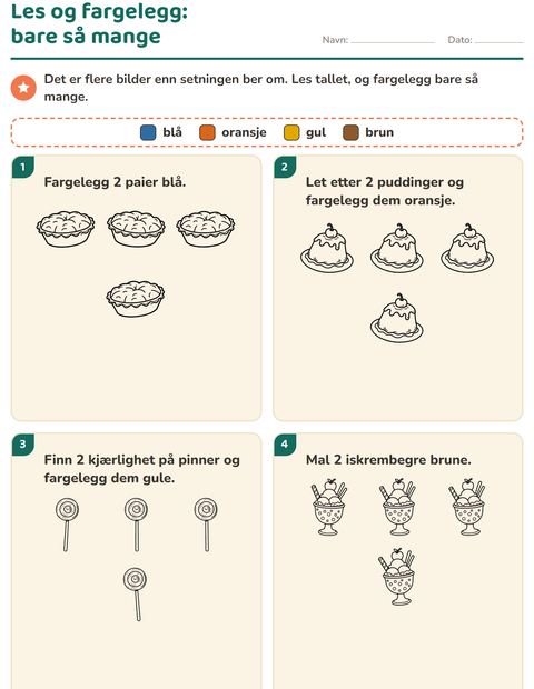 Forhåndsvisning av Les og fargelegg-arbeidsark med Dessert (S/H) for 1. trinn
