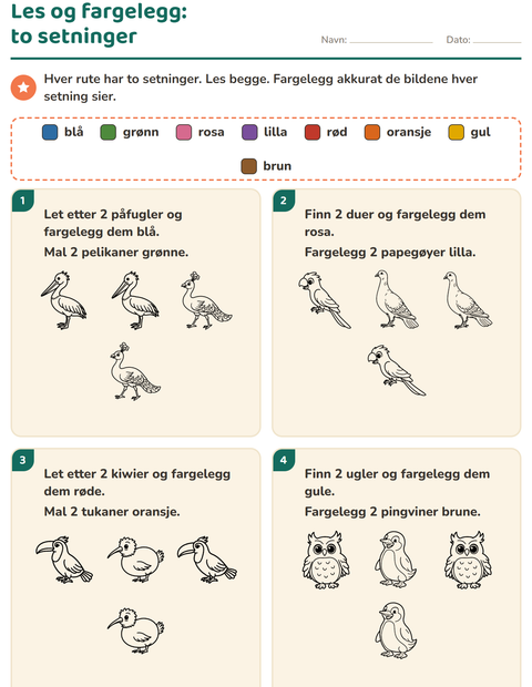 Forhåndsvisning av Les og fargelegg-arbeidsark med Fugler S&H for 1. trinn