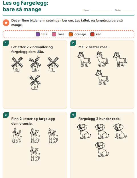 Forhåndsvisning av Les og fargelegg-arbeidsark med Gård SH for 1. trinn