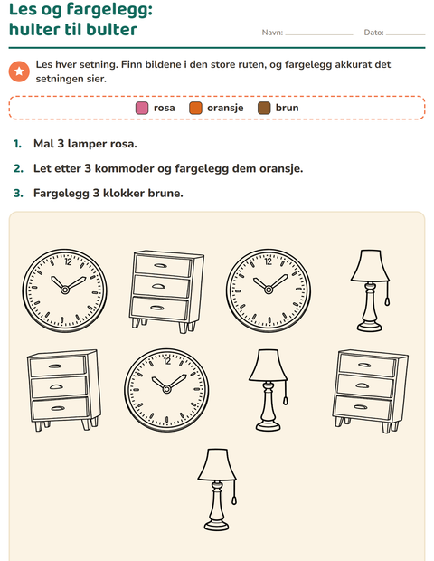 Forhåndsvisning av Les og fargelegg-arbeidsark med Hjem SH for 1. trinn
