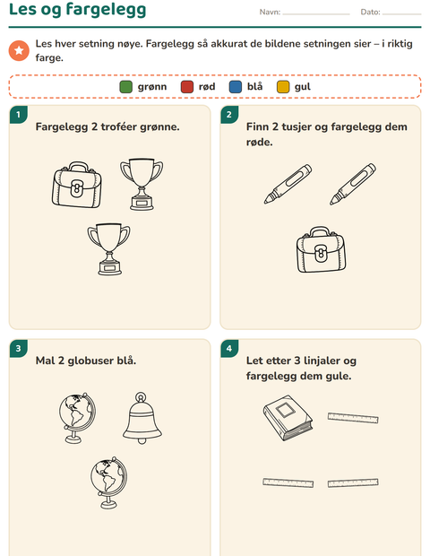 Forhåndsvisning av Les og fargelegg-arbeidsark med Klasserom (S/H) for 1. trinn