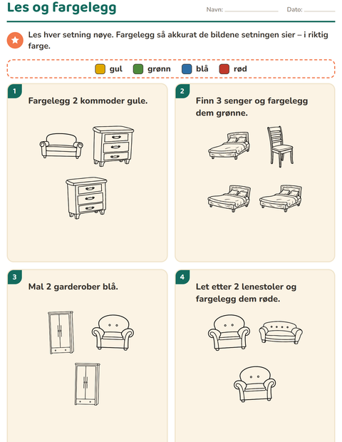 Forhåndsvisning av Les og fargelegg-arbeidsark med Møbler SH for 1. trinn