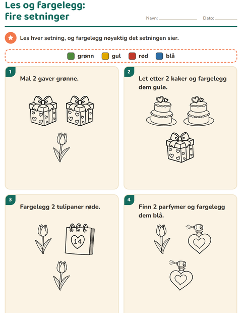 Forhåndsvisning av Les og fargelegg-arbeidsark med Valentinsdag SH 2 for 1. trinn