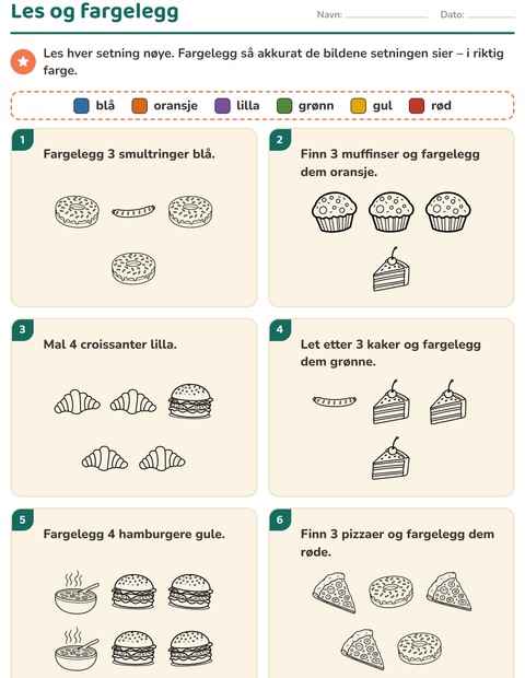 Forhåndsvisning av Les og fargelegg-arbeidsark med Mat SH 2 for 1. trinn
