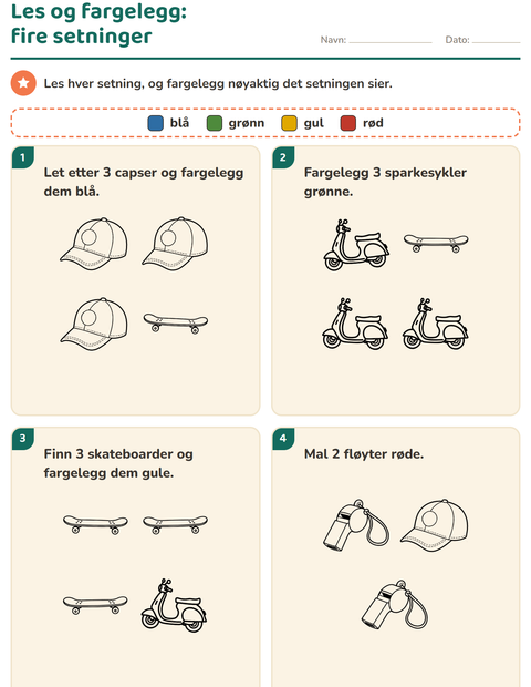 Forhåndsvisning av Les og fargelegg-arbeidsark med Sport SH for 1. trinn