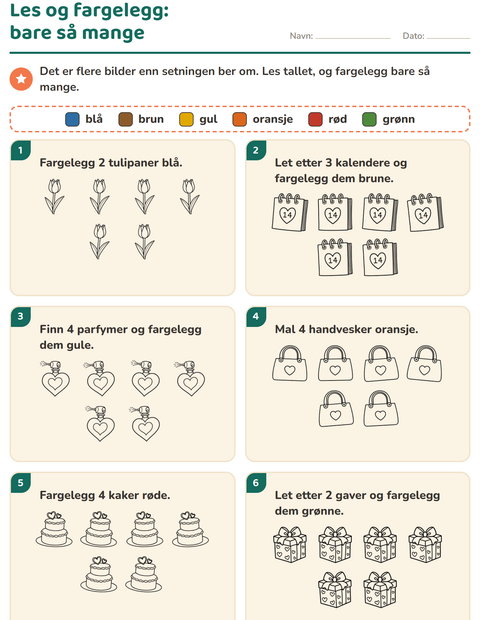 Forhåndsvisning av Les og fargelegg-arbeidsark med Valentinsdag SH 2 for 1. trinn