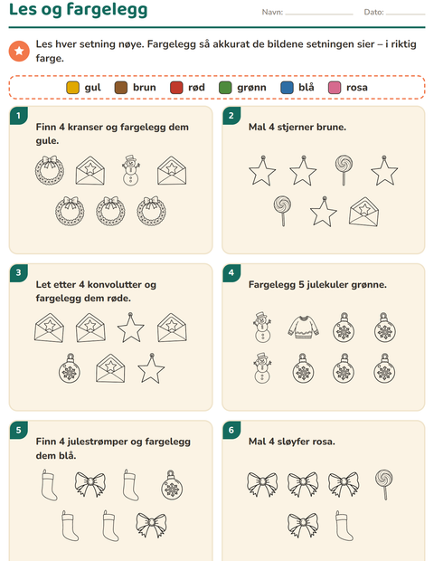 Forhåndsvisning av Les og fargelegg-arbeidsark med Jul S/H for 1. trinn