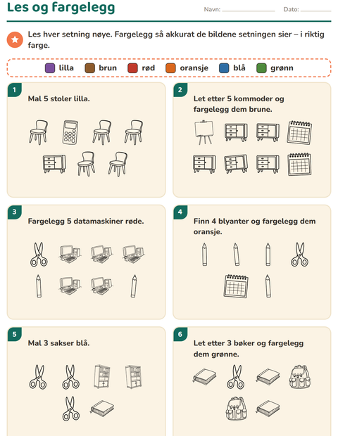 Forhåndsvisning av Les og fargelegg-arbeidsark med Klasserom 2 (S/H) for 1. trinn