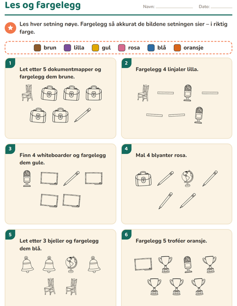 Forhåndsvisning av Les og fargelegg-arbeidsark med Klasserom (S/H) for 1. trinn