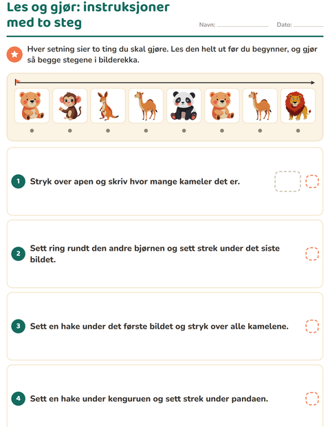 Forhåndsvisning av Les og gjør-arbeidsark med Dyrehagedyr for 1. trinn