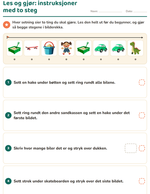 Forhåndsvisning av Les og gjør-arbeidsark med Leker for 1. trinn