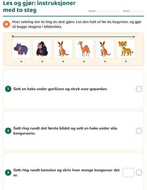 Forhåndsvisning av Les og gjør-arbeidsark med Dyrehagedyr for 1. trinn