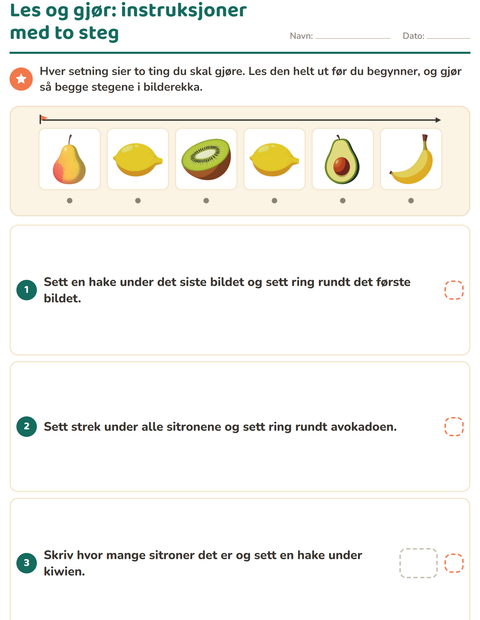 Forhåndsvisning av Les og gjør-arbeidsark med Frukter for 1. trinn