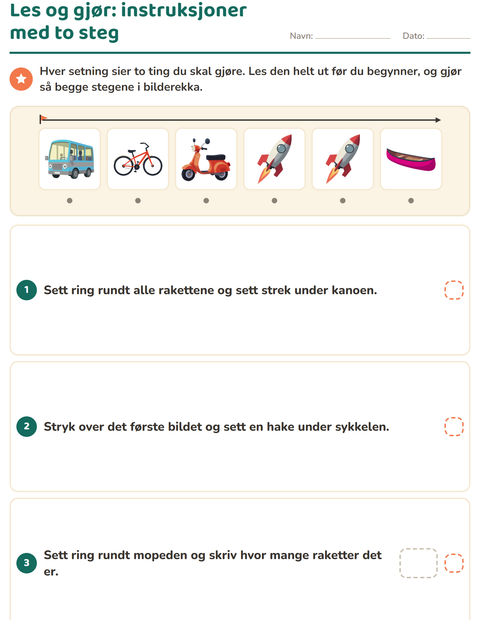 Forhåndsvisning av Les og gjør-arbeidsark med Kjøretøy for 1. trinn