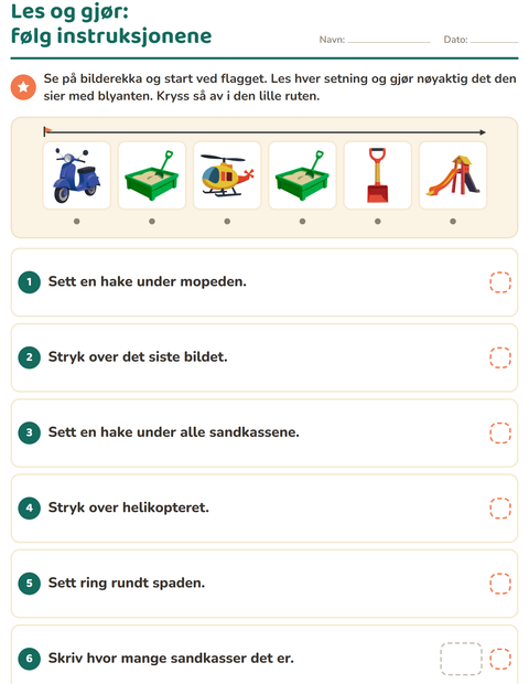 Forhåndsvisning av Les og gjør-arbeidsark med Leker for 1. trinn