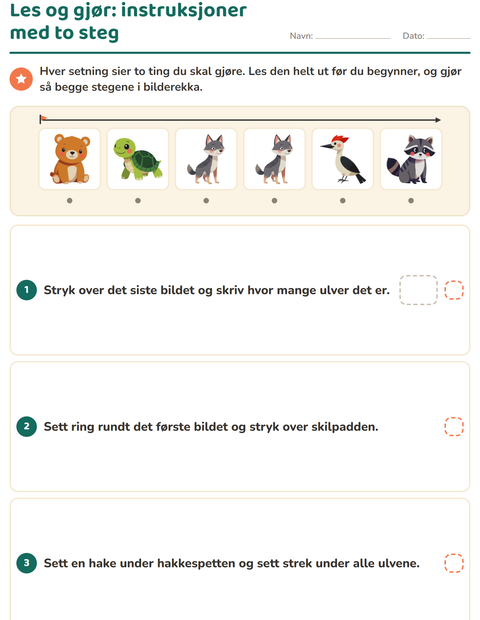 Forhåndsvisning av Les og gjør-arbeidsark med Skogsdyr for 1. trinn