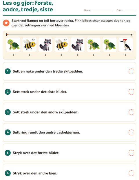 Forhåndsvisning av Les og gjør-arbeidsark med Skogsdyr for 1. trinn