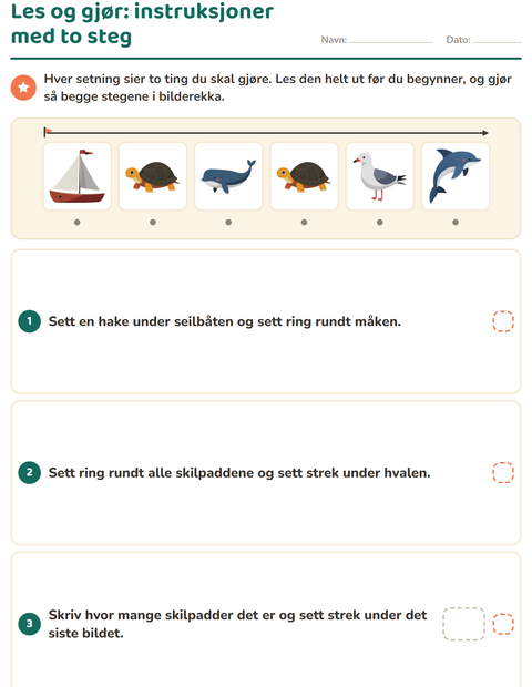 Forhåndsvisning av Les og gjør-arbeidsark med Strand for 1. trinn